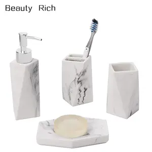 4 Stuk Marmer Stijl Witte Hars Facet Badkamer Accessoire Set - Hand Zeep/Lotion Dispenser, zeepbakje, Tandenborstelhouder