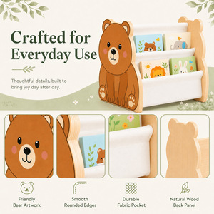 ชั้นวางหนังสือไม้รูปหมี 3 ชั้น พร้อมช่องผ้าสำหรับจัดเก็บหนังสือเด็ก - Product Image 2