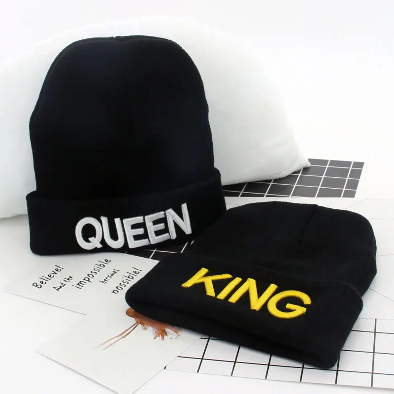 King and Queen Fashion Winter Hats 3D Embroidery Winter Knitted Black Beanie Hat