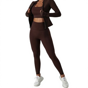 Women's 3 Piece Yoga <b>Set</b> <b>Square</b> Neck Crop Top Zip Jacket High Waist Ankle Length Leggings Solid Brown Activewear - Product Image 1
