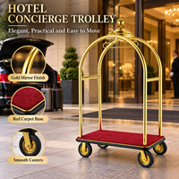 Großhandel Crown Gepäckwagen aus Edelstahl mit roter Teppichplattform, 8 Zoll ultra-leisen Rädern, Spiegelgold – Hotelbedarf