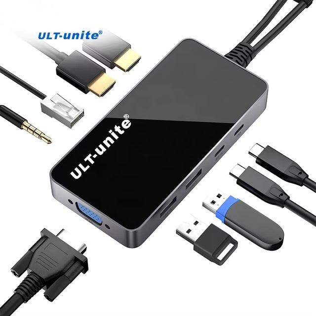 ULT-unite Custom USB C Hubs Double Type C to HDMI 8K 4K VGA USB3.0 PD RJ45 3.5mm Audio Earphones 9 in 1 Hubs Docking Station