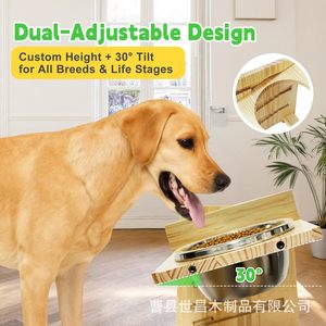 Support de gamelle pour chien en bois réglable en hauteur, double distributeur de nourriture, station d'alimentation en bambou pour chiens - Product Image 2