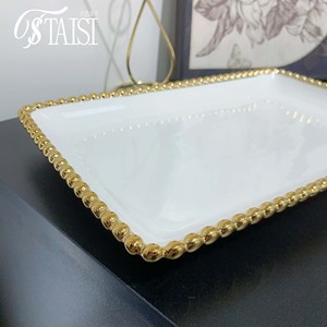 RP023-<span class=keywords><strong>14</strong></span> piring pesta pernikahan elegan dapat digunakan kembali <span class=keywords><strong>14</strong></span> inci piring makan keramik putih persegi panjang dengan pelek manik-manik emas - Product Image 5