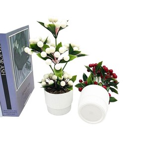 Plante artificielle de type bonsaï aux baies, 25 cm de haut, en mousse plastique, plante décorative d'intérieur en pot avec galets, rouge vif, rose, orange, blanc - Product Image 5