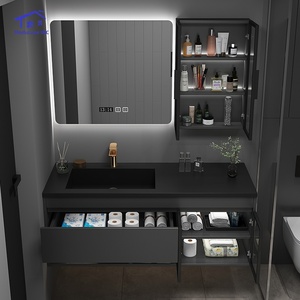Black marble bathroom vanity smart mirror cabinet washbasin wall-mounted cabinet PVC waterproof - Product Image 2