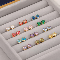 Boucles d'oreilles clous mini ZIRCON 12 mois, style INS, zircon coloré, grenat, jadéite, étanches, inaltérables, en acier inoxydable plaqué or 18 carats