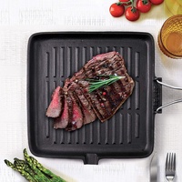 Wajan pemanggang besi cor persegi profesional, panci panggang ekstra tebal tanpa lapisan Steak dengan pegangan kayu lipat sempurna untuk Steak BBQ