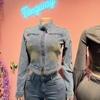Setelan Denim lengan panjang wanita, jaket kurus trendi dua potong, Set pakaian jalanan