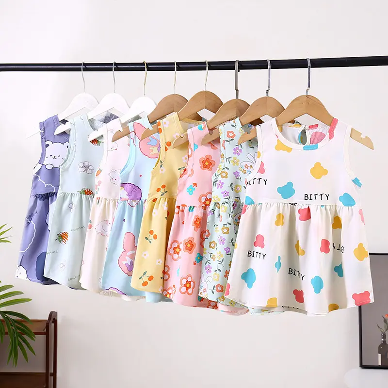 1-7 년 패션 Frock 디자인 아기 소녀 드레스 꽃 키즈 공주 드레스 민소매 유아 여름 드레스