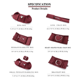 صندوق مجوهرات مخملي فاخر باللون الأحمر النبيذي البرغندي، صندوق قلادة مخملي مخصص، صندوق خواتم فاخر، تغليف مجوهرات مخملي - Product Image 2