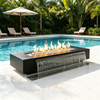 Table de feu extérieure moderne en acier inoxydable avec fontaine cascade intégrée, écologique