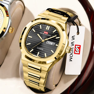 นาฬิกาข้อมือดีไซน์หรูหราสองสีทองสำหรับผู้ชาย หน้าปัดลายเส้น ควอตซ์ พร้อมวันที่และสัปดาห์ นาฬิกาธุรกิจระดับพรีเมียม - Product Image 1