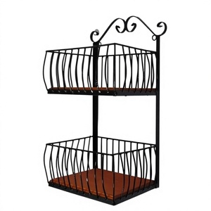 Étagère murale décorative noire en fil métallique à 2 niveaux avec plateau en fil métallique et base en bois, pour centre de table, support à épices et panier à pain - Product Image 1