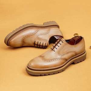 Brogue Oxfords Men Genuine Leather Pointed Toe Rubber Outsole <b>Height</b> <b>Increasing</b> Office Career All Seasons Lace-up Dress <b>Shoes</b> - Product Image 2