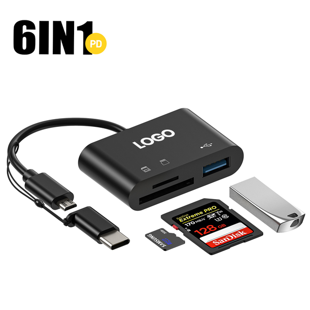 6 in 1 Multifunction Type-C Card Reader OTG SD TF Cards USB Memory Cards Reader Converter for MacBook Laptop Samsung Xiaomi