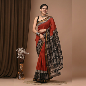 Sari en soie Maheshwari pure imprimé à la main avec pièce de blouse – Élégant soie Maheshwari pure – Vêtement ethnique imprimé à la main - Product Image 1