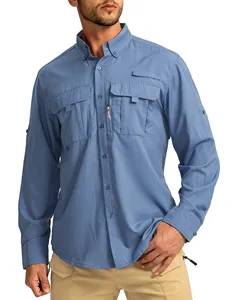 Chemises de pêche à manches longues à séchage rapide avec poche pour hommes Logo personnalisé pêcheur boutonné vers le haut bleu royal Spf50 protection UV