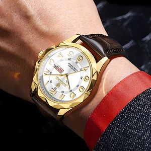 Binlond Men's Quartz Watch Gold Case Leather Strap Calendar Day Date Waterproof 30M Analog Display Fashion Business Style - Product Image 2