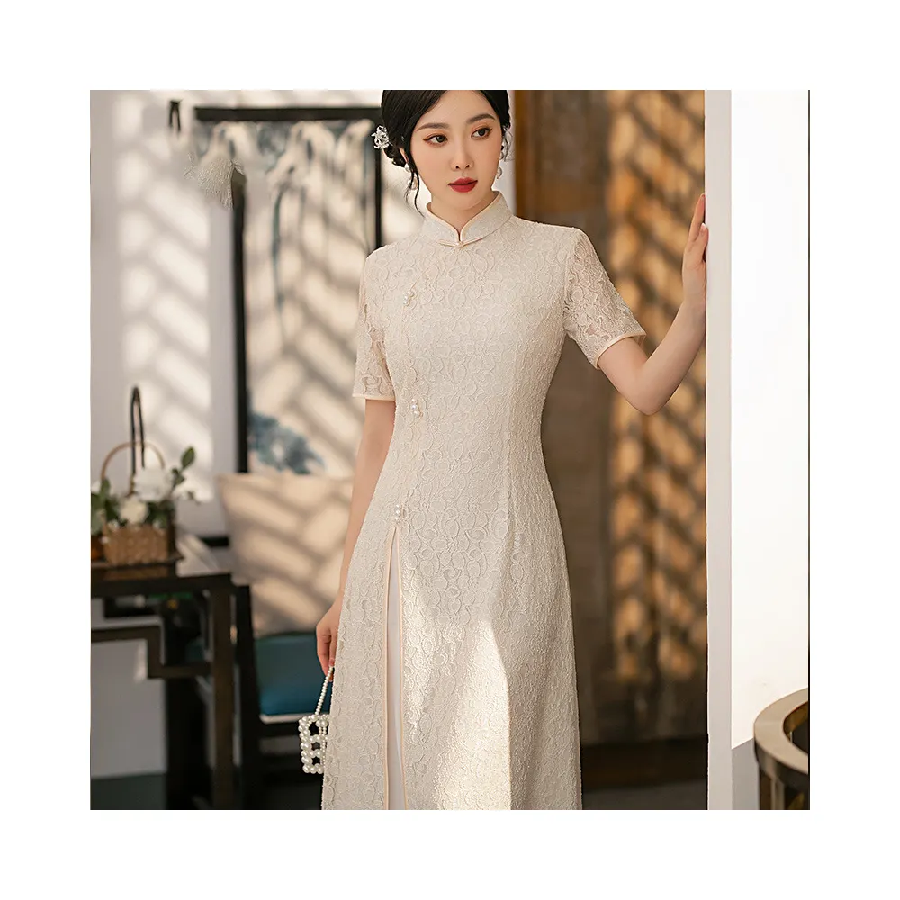 Cheongsam de encaje de manga corta para mujer, ropa calada de uso diario, de longitud media, color blanco, 2022
