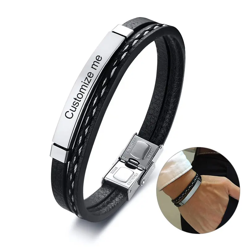 Customized High Quality Stainless Steel Leather Bracelet Gold Black Silver Magnetic Bracelet Lettering