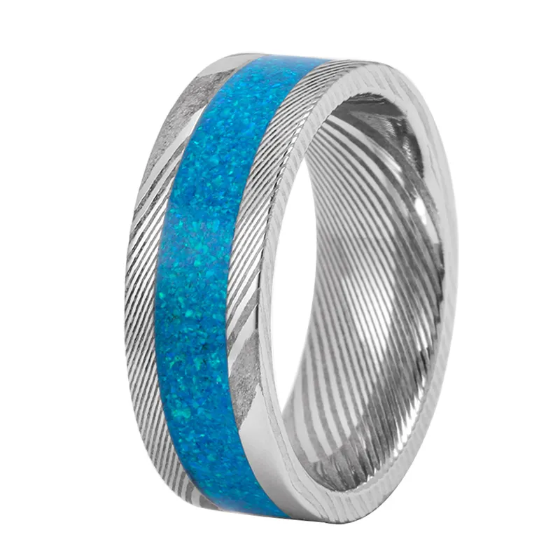 Blue Opal Inlay Custom 8mm Polished Damascus Steel Ring Stainless Steel Mens Wedding Bands