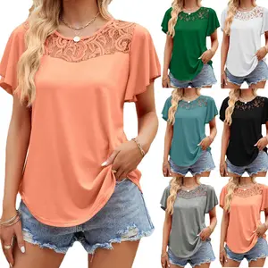 Yaz yeni avrupa ve amerika birleşik devletleri kadın bayanlar T-shirt düz renk örgü ekleme ruffled kısa kollu bluz