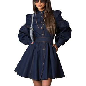 Vestido casual ajustado de mezclilla azul con cintura alta y cordones, estilo streetwear, elegante, para mujer, otoño - Product Image 1