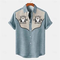 Kemeja Pria Gaya Barat Tenggara Motif Tribal Aztec Lengan Pendek Kasual Kancing Depan