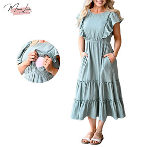 Robe trapèze mi-longue en jersey à manches courtes et col rond - Mélange élasthanne/coton vert - Product Image 3