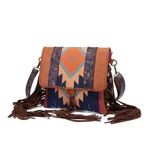 New arrivalling Boho Ethnic Geometric Pattern Cotton Linen Tassel Shoulder Crossbody Bag For Ladies Retro Carry Fringe Purse