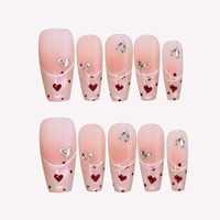 Faux ongles à presser en acrylique, longs, forme cercueil, dégradé rose nude, motif œil de chat et cœur rouge, avec strass argentés à ligne fine, personnalisables, pour rendez-vous