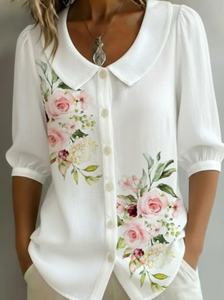 Blus Wanita Vintage Sederhana Motif Bunga Cat Air Kerah Peter Pan Lengan 3/4 Kemeja Kasual Panjang untuk Musim Semi & Musim Panas - Product Image 3