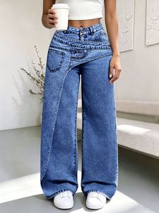 Pantalon en jean vintage délavé <span class=keywords><strong>taille</strong></span> <span class=keywords><strong>haute</strong></span> asymétrique à jambes larges et superposées pour femme, design irrégulier, coupe ample - Product Image 6