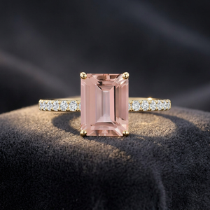 <b>Emerald</b> Cut Morganite Wedding Engagement <b>Ring</b> 10K 14K 18K Gold 925 935 <b>Silver</b> Pave Diamond Band Women's Gemstone - Product Image 1