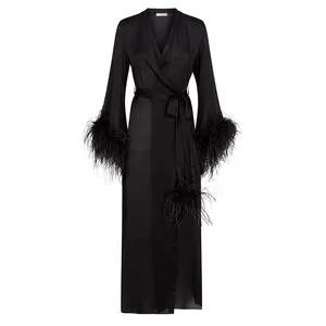 Sexy fashion comfortable custom high quality feathers embellished silk robe women sleepwear