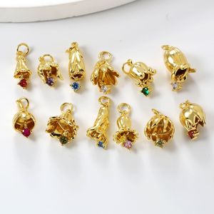 Zwölf Sternzeichen-Stein Rosen-Maiglöckchen-Blumen-Anhänger 18K Vergoldetes Messing Zirkon-Charms Vielseitiges Schmuckzubehör - Product Image 3