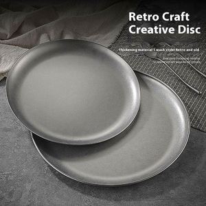 Plaque ronde en acier inoxydable de style rétro coréen vieux plateau à gâteaux peu profonds conception Ins plateau de café en os plats de chargeur de restaurant - Product Image 2