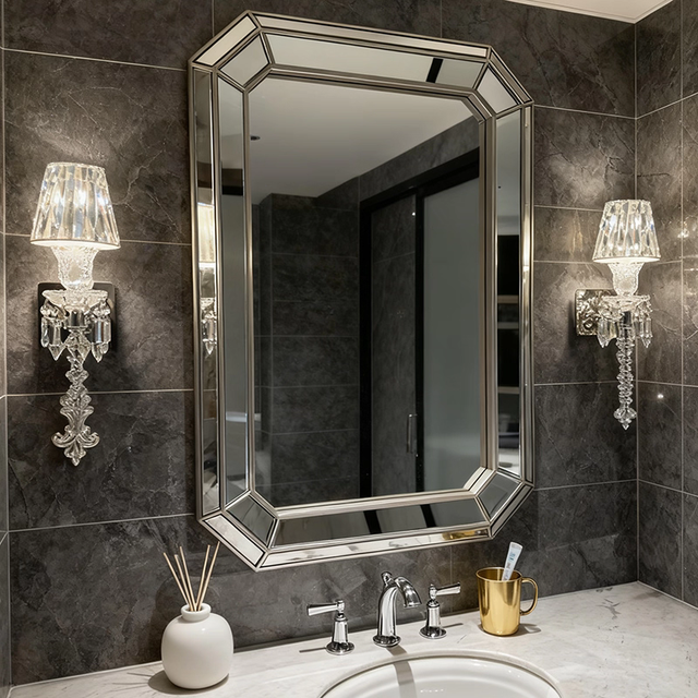 Modern Venetian Mirrored Silver Framed Wall Mirror with Crystal Crush Diamond+Glass for Dressing Room Customizable Size & Design