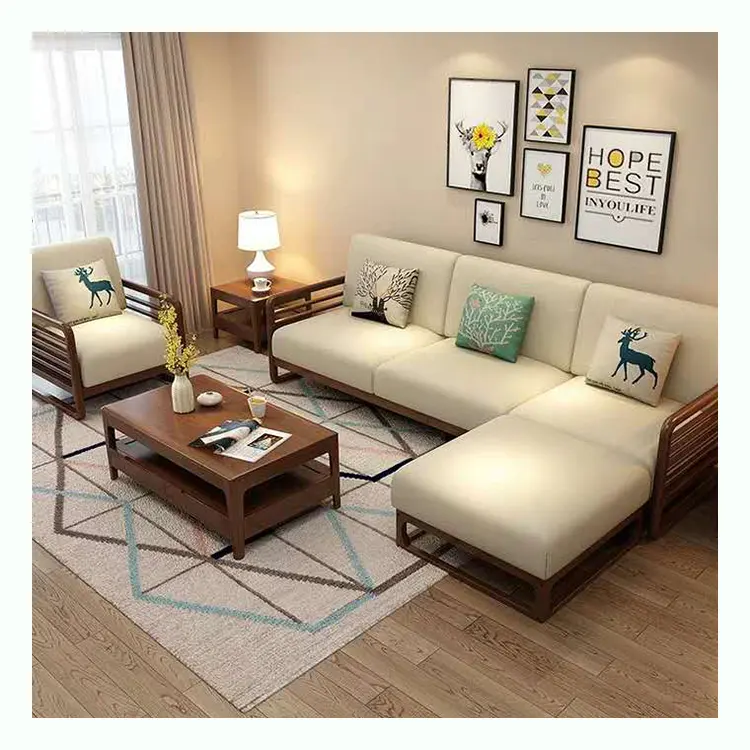 Set Sofa Ruang Tamu Mebel Kain Modern Bentuk L, 3 Tempat Duduk Sofa Ruang Tamu Furnitur