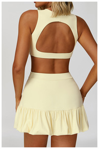 Set pakaian olahraga dan kebugaran wanita, rok tenis bernapas 2 potong dengan bantalan dada pelindung setelan Yoga rok bisbol - Product Image 4
