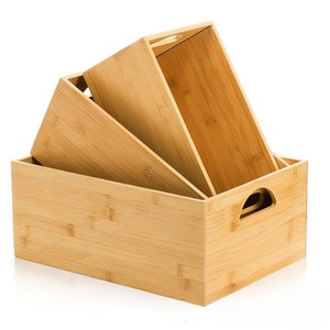 Ensemble de boîtes de rangement multi-usages en bambou, boîte de rangement portable pour la maison avec poignée, organisateur de type tiroir, impression de logo - Product Image 1