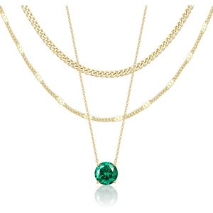 Collares de oro en capas para mujer, chapados en oro de 14 quilates, conjunto de colgantes delicados con piedra de circonita verde, collar de cadena gruesa, regalo. - Product Image 1
