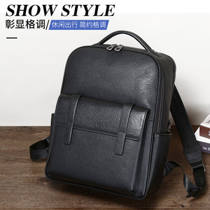 Men's Genuine Leather Backpack 20-35L Waterproof Business Travel Laptop Bag Solid Color Black - Product Image 2