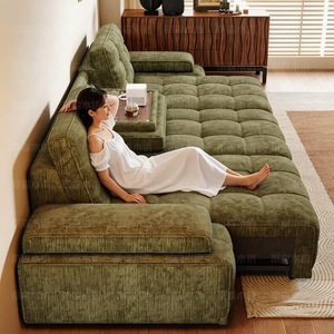 Sofá seccional moderno de tela chenilla verde con respaldo capitoné y estructura de madera maciza para sala de estar - Product Image 2