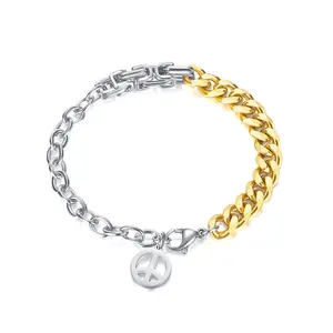 Pulseira de aço inoxidável, joias tendências, pulseira de dois tons, paz e amor, pulseira, design popular, 2023