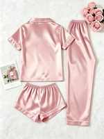Ensemble de pyjama trois pièces pour femmes de haute qualité, couleur unie, vêtements de détente en satin décontractés pour le printemps, l'été et l'automne
