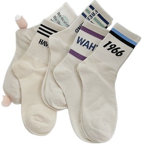 Crew <b>Socks</b> Women Mid Calf Striped 1966 Alphanumeric Script Breathable <b>Polyester</b> Fiber Casual Daily Wear Youth Size - Product Image 5