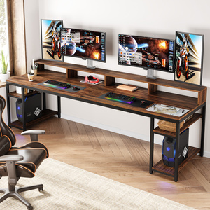 Tribesigns 78.74" Extra <strong>Long</strong> Double <strong>Desk</strong> for Two, Monitor Stand &amp; Storage Shelves, Rustic Brown Home Office - Product Image 3
