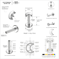 TT ASTM F136 Titane Plaqué Or, Clou d'oreille en forme de croissant de lune 16G, Piercing Labret, Bijou de piercing corporel pour Tragus et Hélix